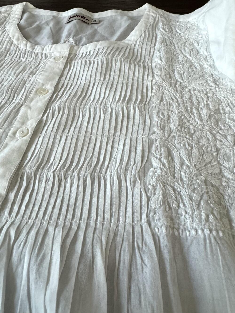 Fabindia Pintucked Blouse Womens XL White 100% Cotton Embroidered Button Up